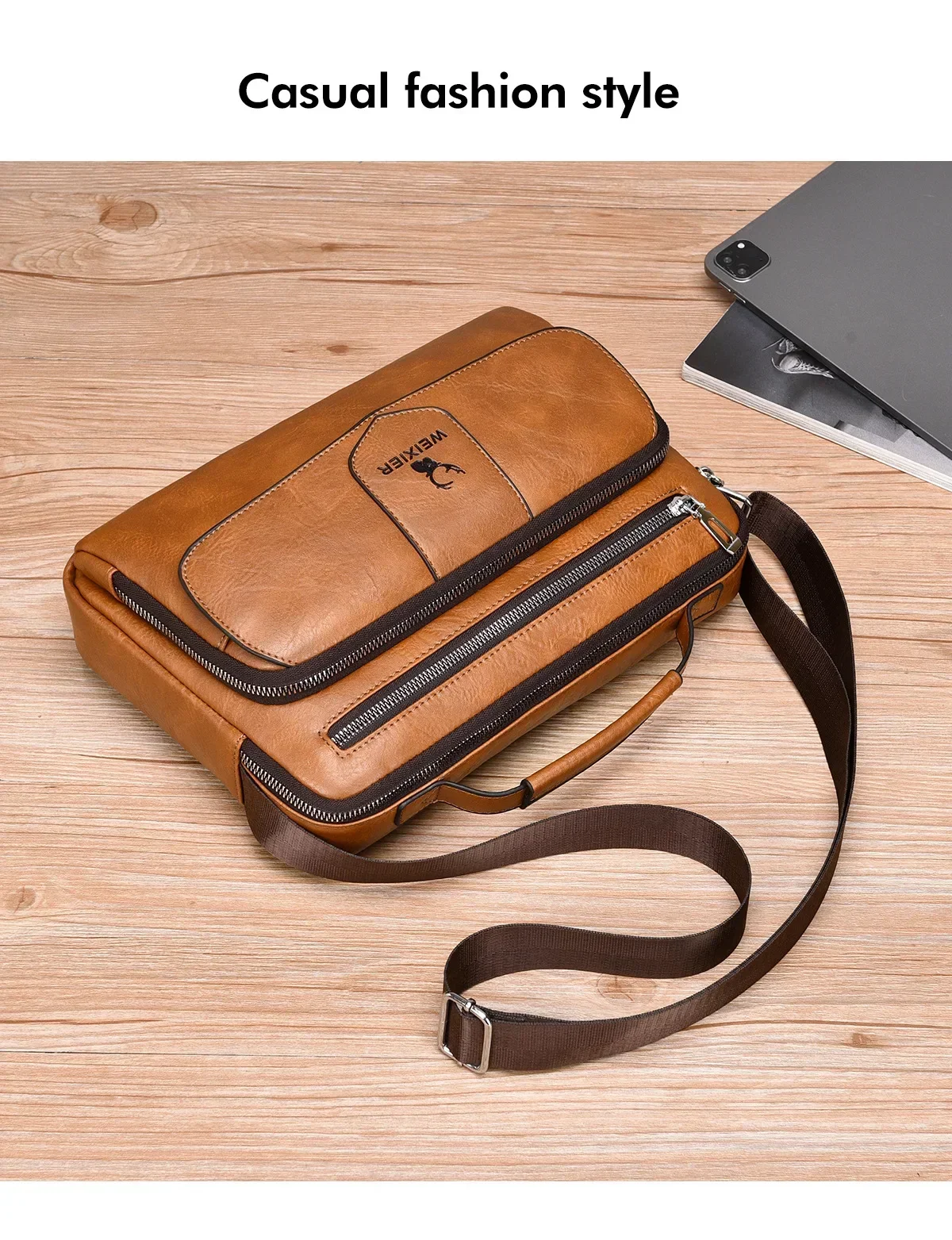 WEIXIER Marken-Herren-Umhängetasche aus PU-Leder mit Großer Kapazität und Mehreren Taschen, Hand- und Schultertasche für Geschäftsreisen und Outdoor-Aktivitäten – Detail 15