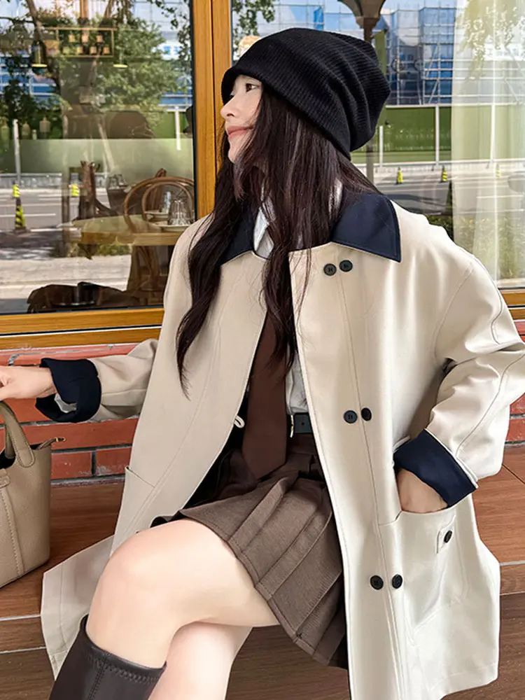 

Повседневное осенне-зимнее пальто в стиле колор-блок для женщин, укороченное, в корейском стиле, из утолщенной смесовой ткани (полиэстер/хлопок), двубортное.