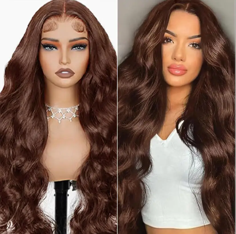 Chocolate Brown Body Wave Human Hair Wig Brown Color& Daily HD Lace Frontal Wig 13x4 Size Brazilian Remy Hair 200 Density Undetectable Available Pre Plucked Hairline Long 30 34 Inch For Daily Hairstyle
