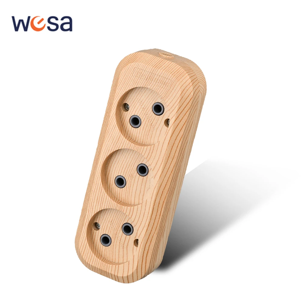 WESA Wood 3 Way Terminal Block EU Standard Electrical Outlett Vintage Imitation Wooden Power Socket Flame Retardant Plastic