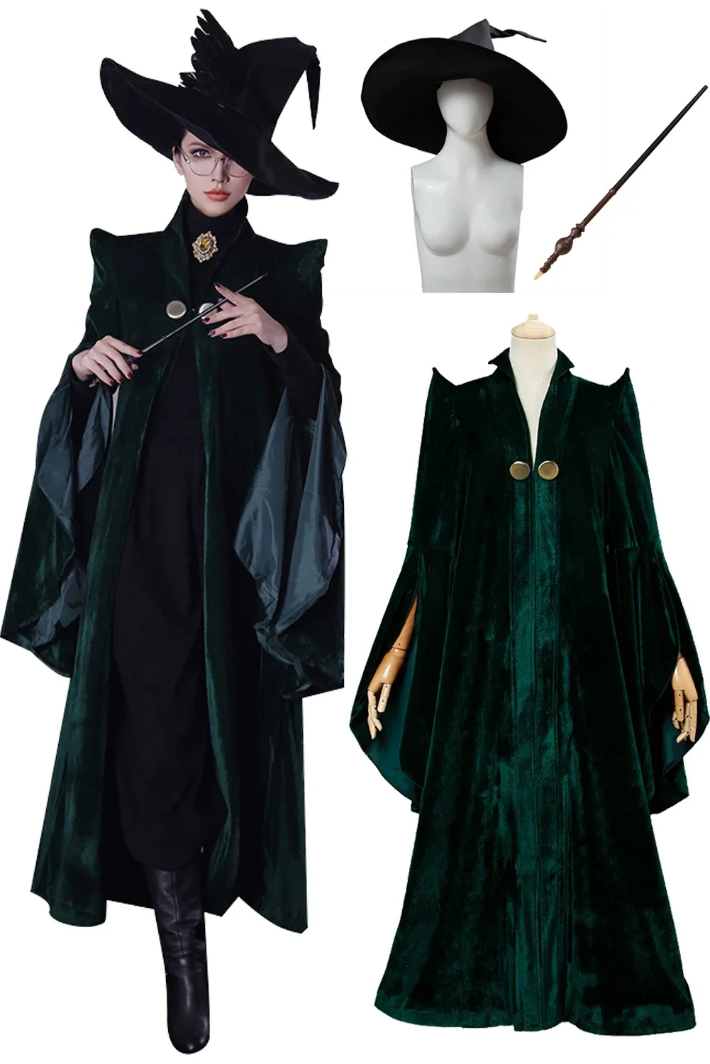 

Fast Delivery Professor Minerva McGonagall Cosplay Hat Costume Wand Wizard Women Adult Halloween Carnival Party Roleplay Suit