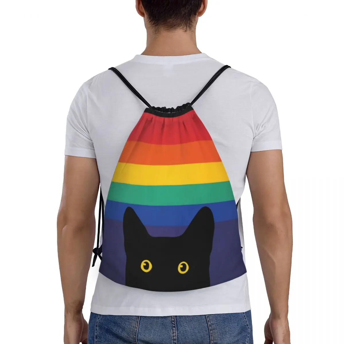 Custom Peeking Cat In Rainbow Circle Drawstring Bags for Training Yoga Backpacks Men Women LGBT Gay Pride Sports Gym Sackpack