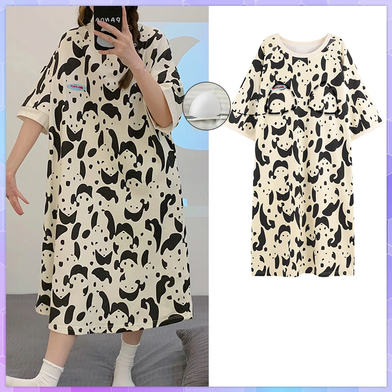 Summer Nightdress Pajamas Sleepwear Ladies Nightgown Cute Short-Sleeved Nightgowns Cartoon Large Size College Style Nightgow 잠옷