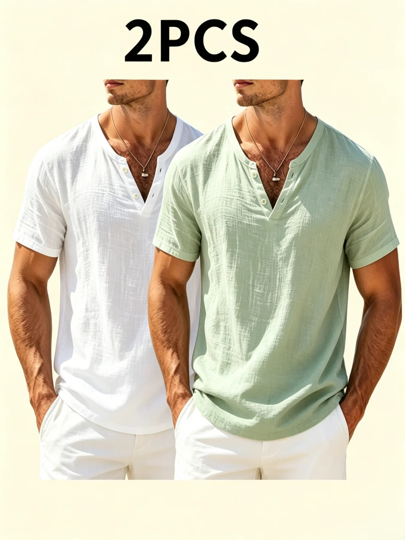 2pcs Men's Cotton Linen Henley Short Sleeve Shirts lightweight Breathable Casual Solid Color Summer Beach Daily Wear Tees Pack