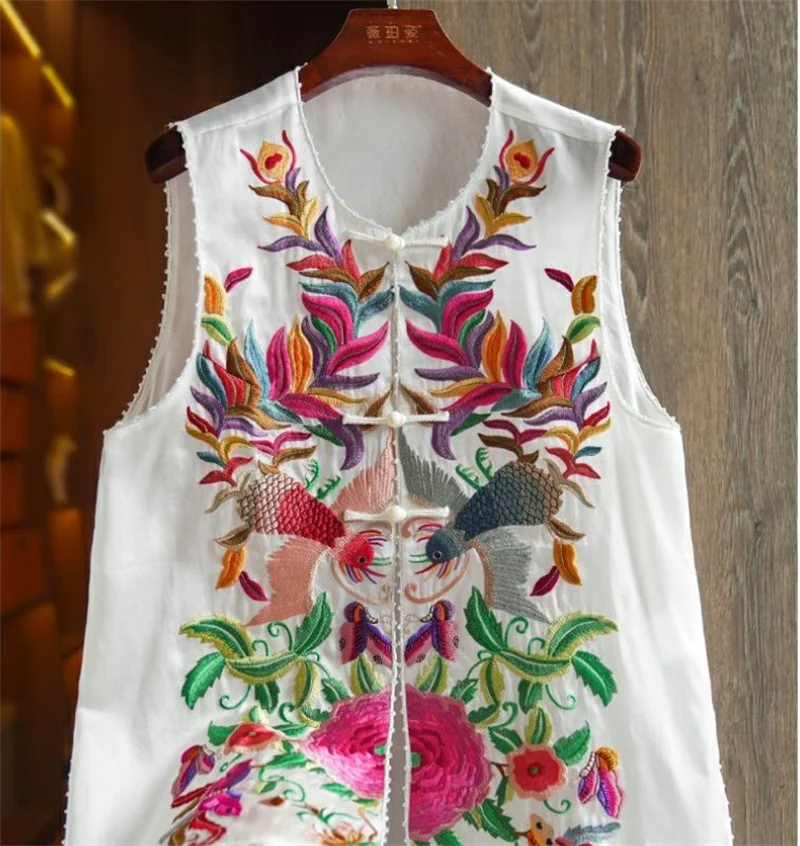 Vests for Women Retro Buckle Fashion Vest Vest Women's National Tide Embroidery Beading High-end Mulberry Silk Chinese Jacket