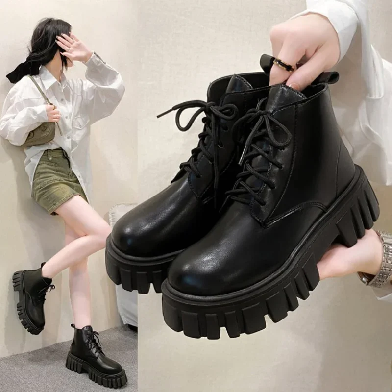 2023 White New Women Ankle Boots  Autumn Winter Platform Zipper Women Punk Boots Thick Sole Lace Up Combat Booties Female Mujer