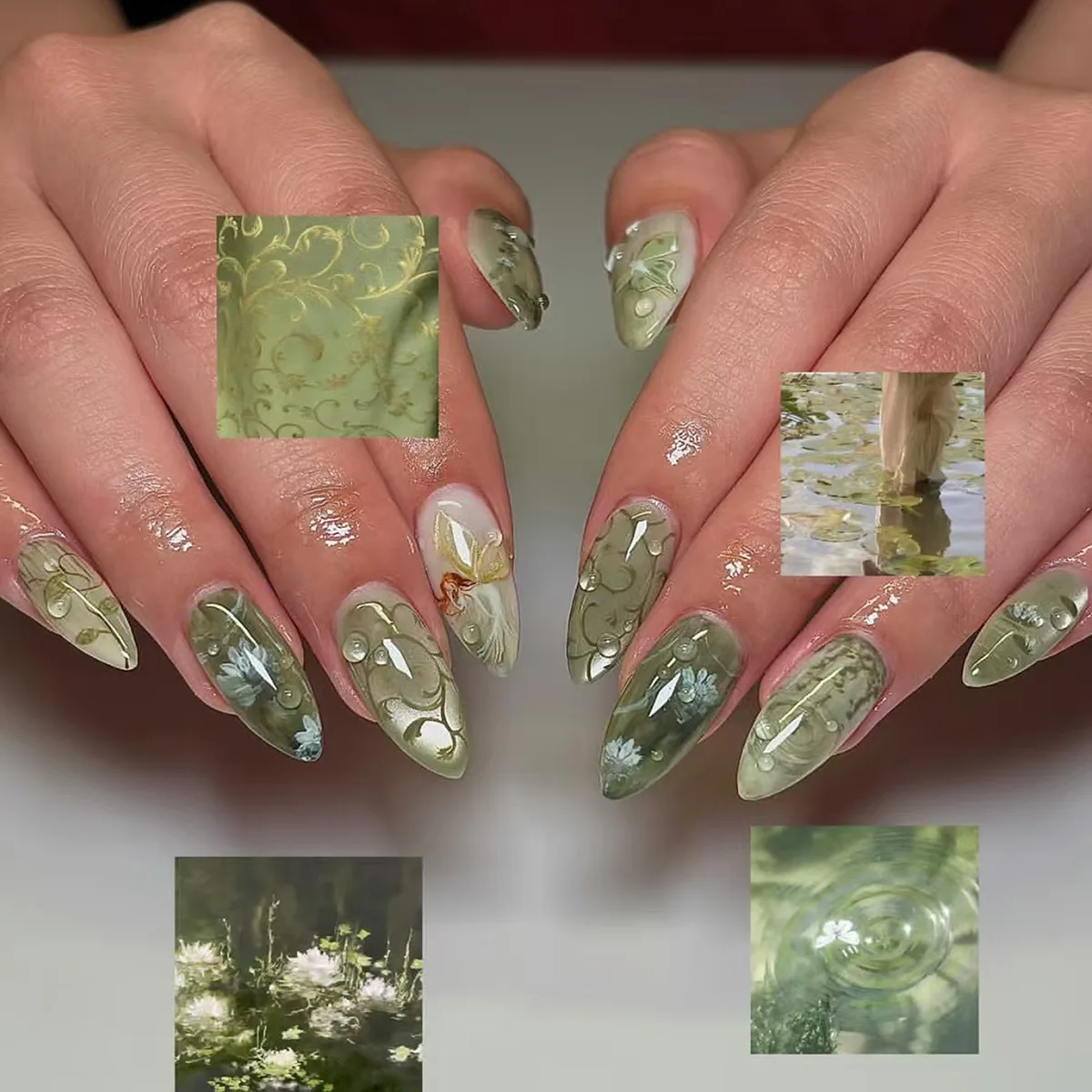 

24PCS Sweet Cool Green Cat Eye False Nail Art Fresh Butterfly Lotus Leaf Press on Nails Wearable Flowers Almond Fake Nails Tools