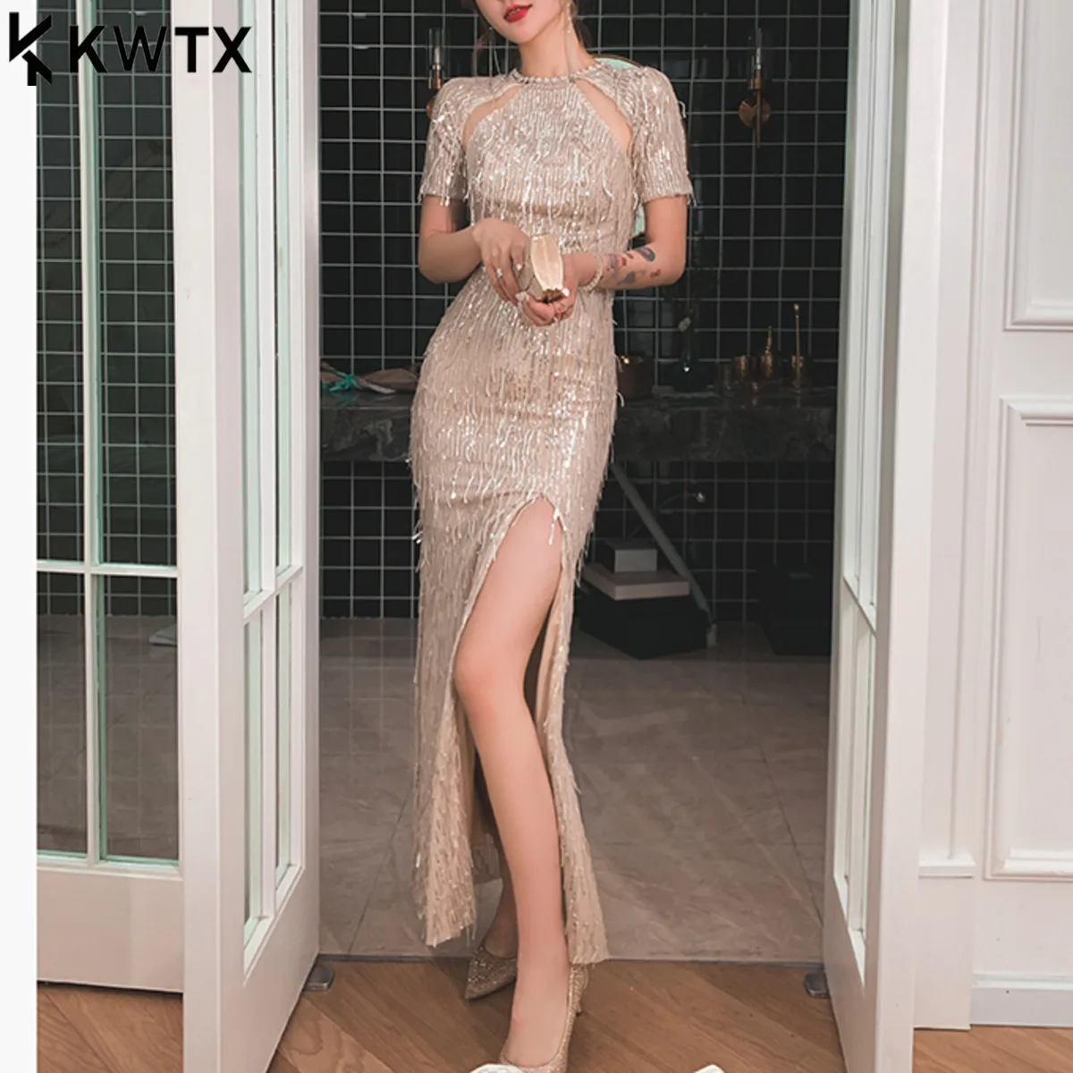 KWTX Designer minimalistische sexy zeemeermin avondjurk Fringe pailletten uitgesneden bodycon lange jurk 2026 zomer nieuwjaar feestvakantie