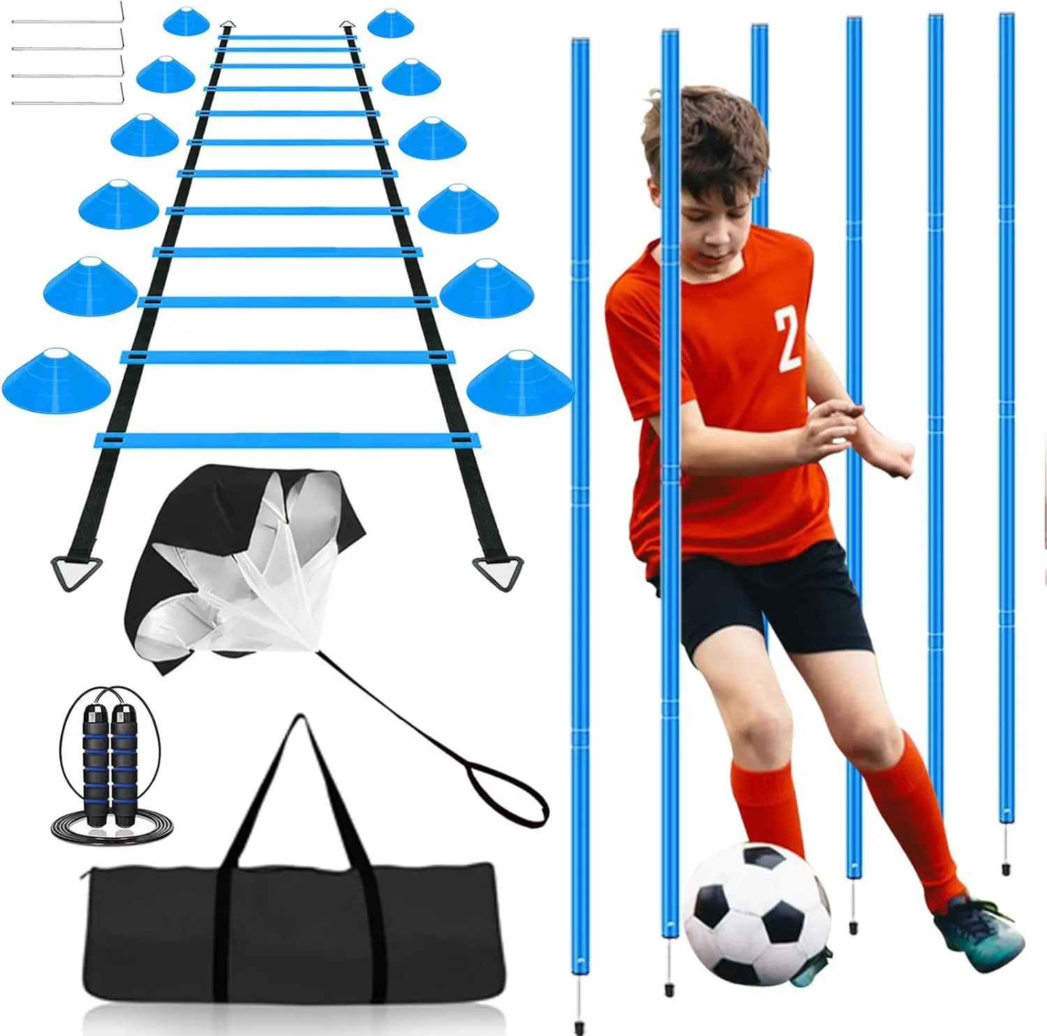 

Speed & Agility Training Set: 20ft Ladder, Cones, Parachute, Jump Rope for Kids Youth Adults