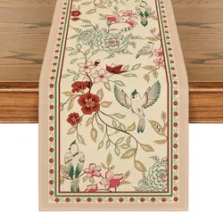 Brown Birds Flowers Blossom Linen Table Runners Seasonal Summer Floral Kitchen Dining Table Decor Wedding Home Party Decorstion