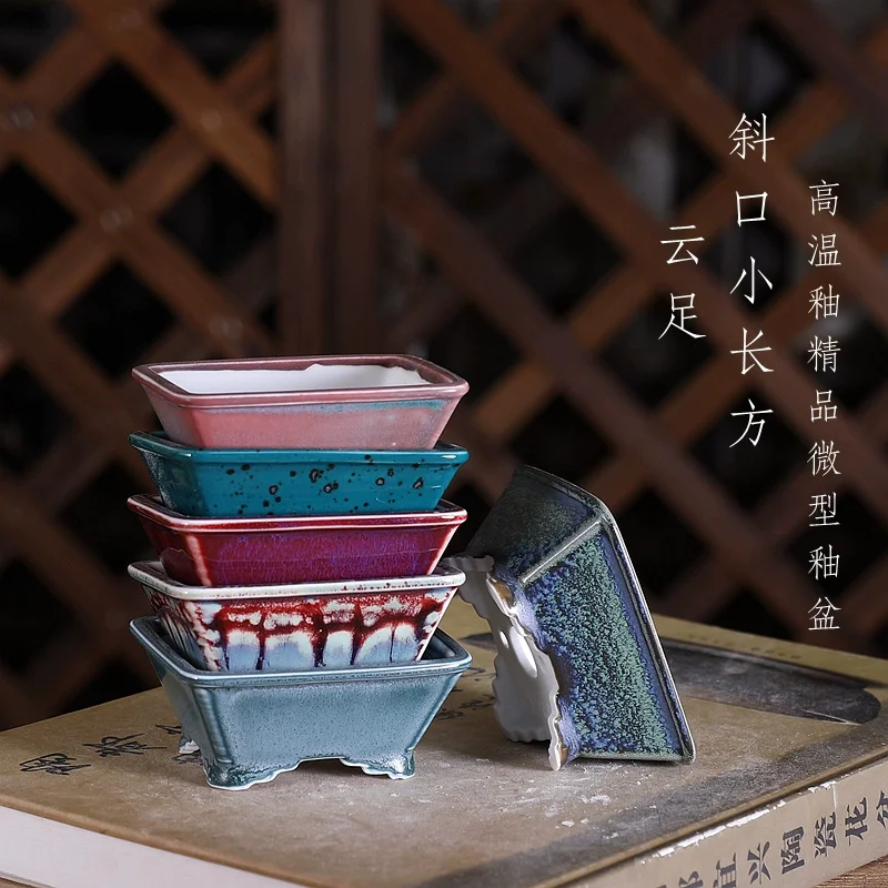 Colorful Glazed Rectangle Bonsai Pot, Flower Plant Small Vase, Traditional Chinese Shape, Garden Table, Home Decoration