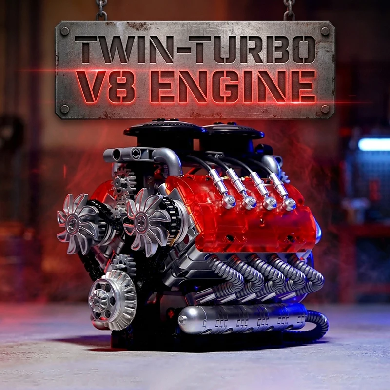 

New Motorized Simulation Twin Turbo V8 Engine MOC Building Blocks Car Parts Technical Toys Gifts Boys Adult Bricks Room Ornament