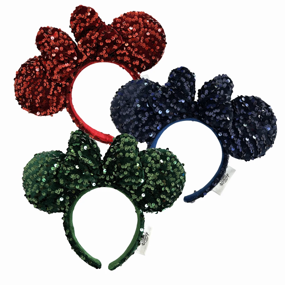 

2025 Disney Solid Color Minnie Mouse Ear Headband Large Sequin Hairbands Party Christmas Halloween Cosplay Costume for Girls