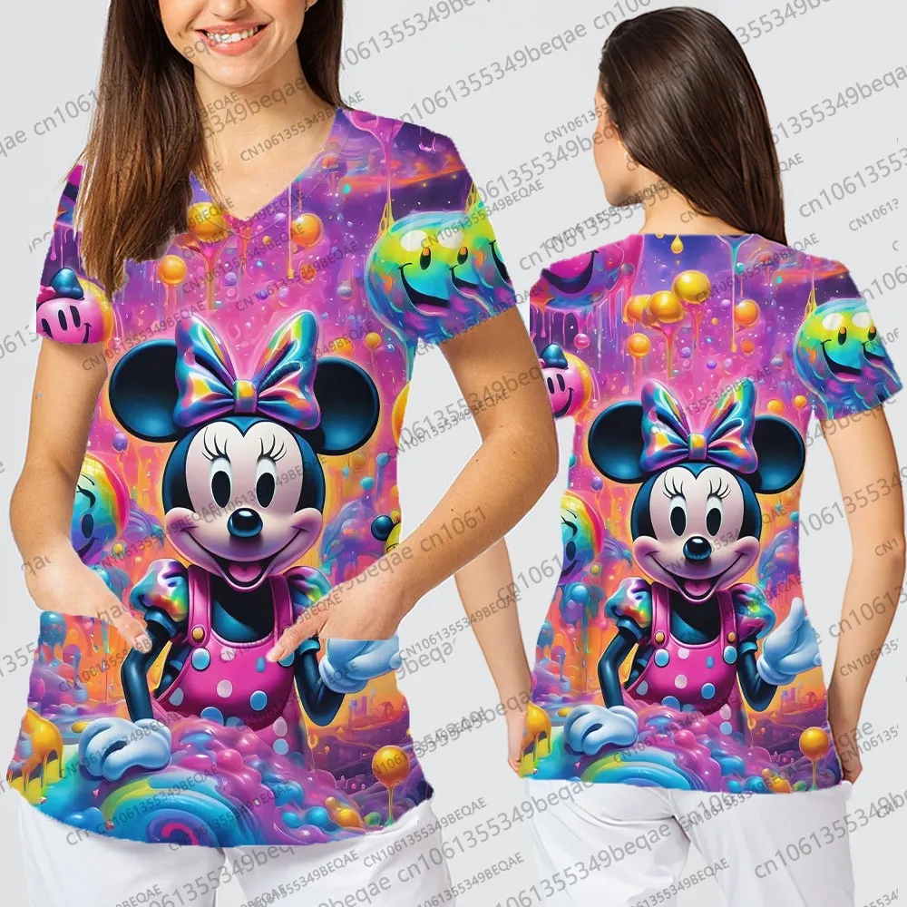 2025 الصيف Y2k الخامس الرقبة قصيرة الأكمام المرأة تي شيرت مع جيب ديزني الطباعة العصرية الأعلى ملابس الشارع الشهير الإناث