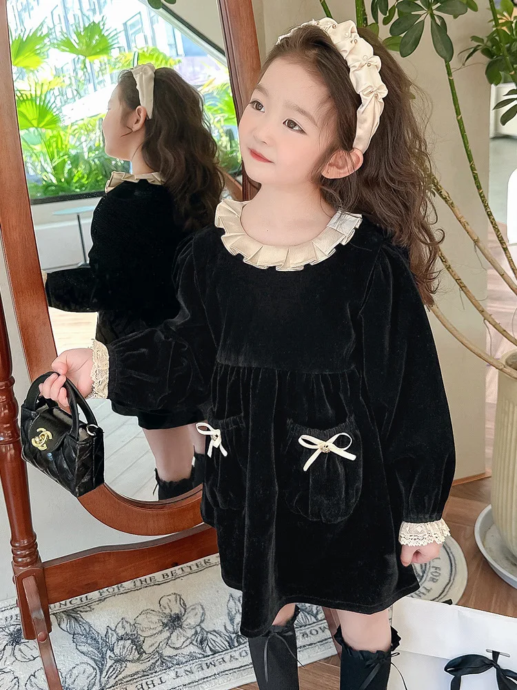 Vintage Plain Black Dress For Kids Long Sleeve Little Girls Velvet Dresses 2 3 4 5 6 7 8 9 10 Year Lapel Clothes With Pockets