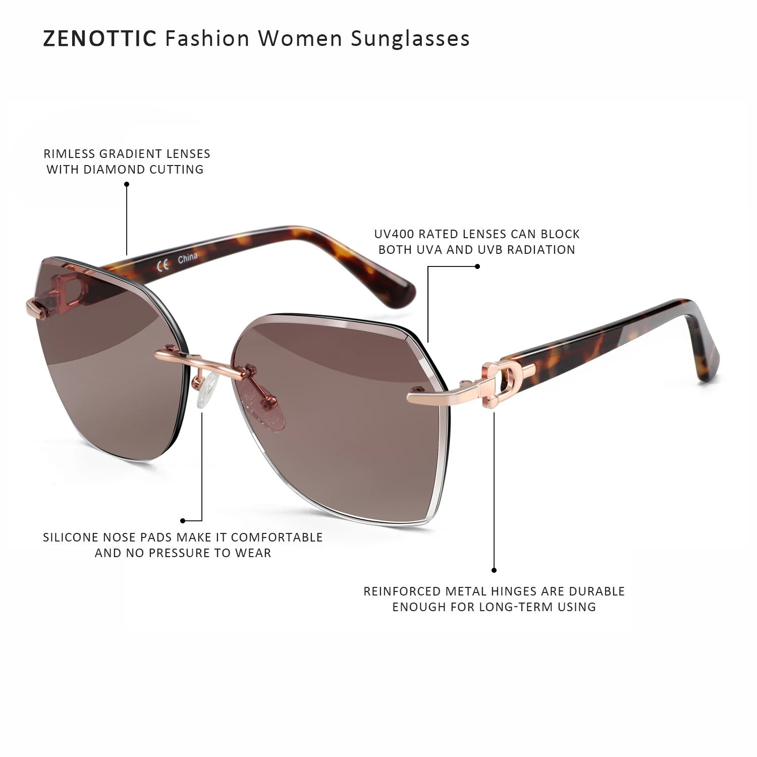 ZENOTTIC Modische Damen-Sonnenbrille ohne Rand, trendige geometrische Diamantschliff-Verlaufsgläser, UV-Schutz – Detail 12