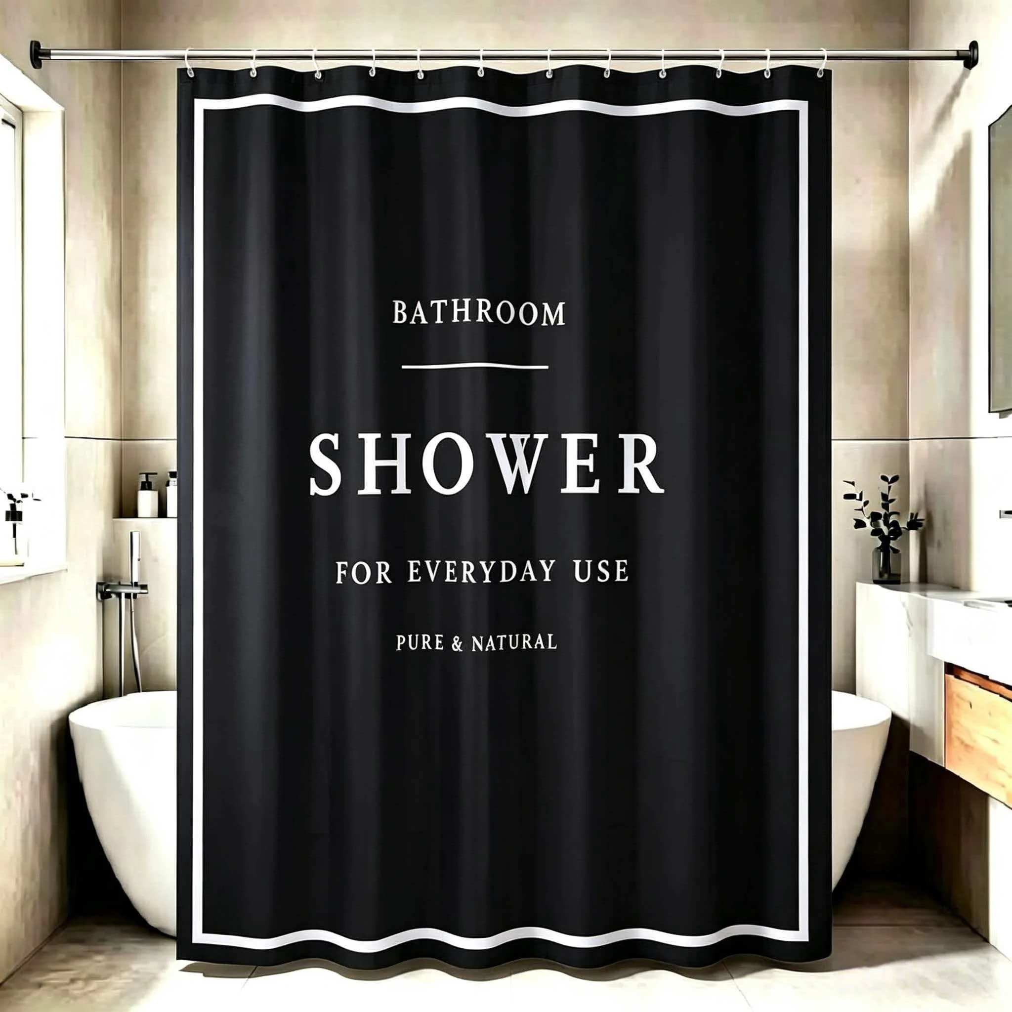 1 pc  digital printed shower curtain with English letter print on black background, home decorative bathroom curtain, matching