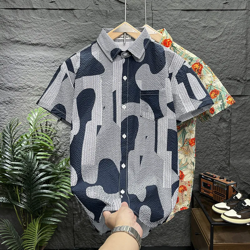 Casual Bubble Grid Shirts, Ideal for Travel and Leisure Print Short Sleeve Shirt, Unisex Wearable Tops for Men and Women