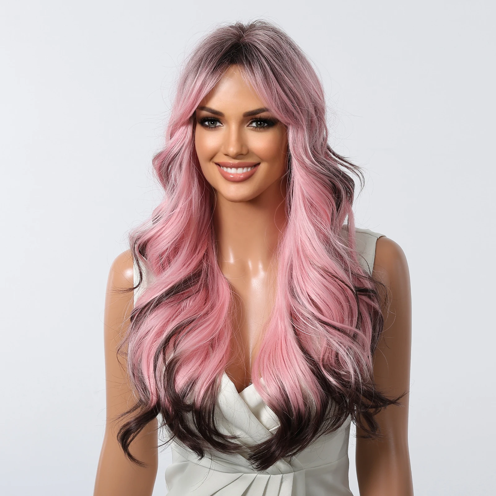 Black Pink Ombre Synthetic Wigs Long Body Wave Colored Wigs with Bangs Loose Wave Wig for Afro Women Brazilian Halloween Cosplay