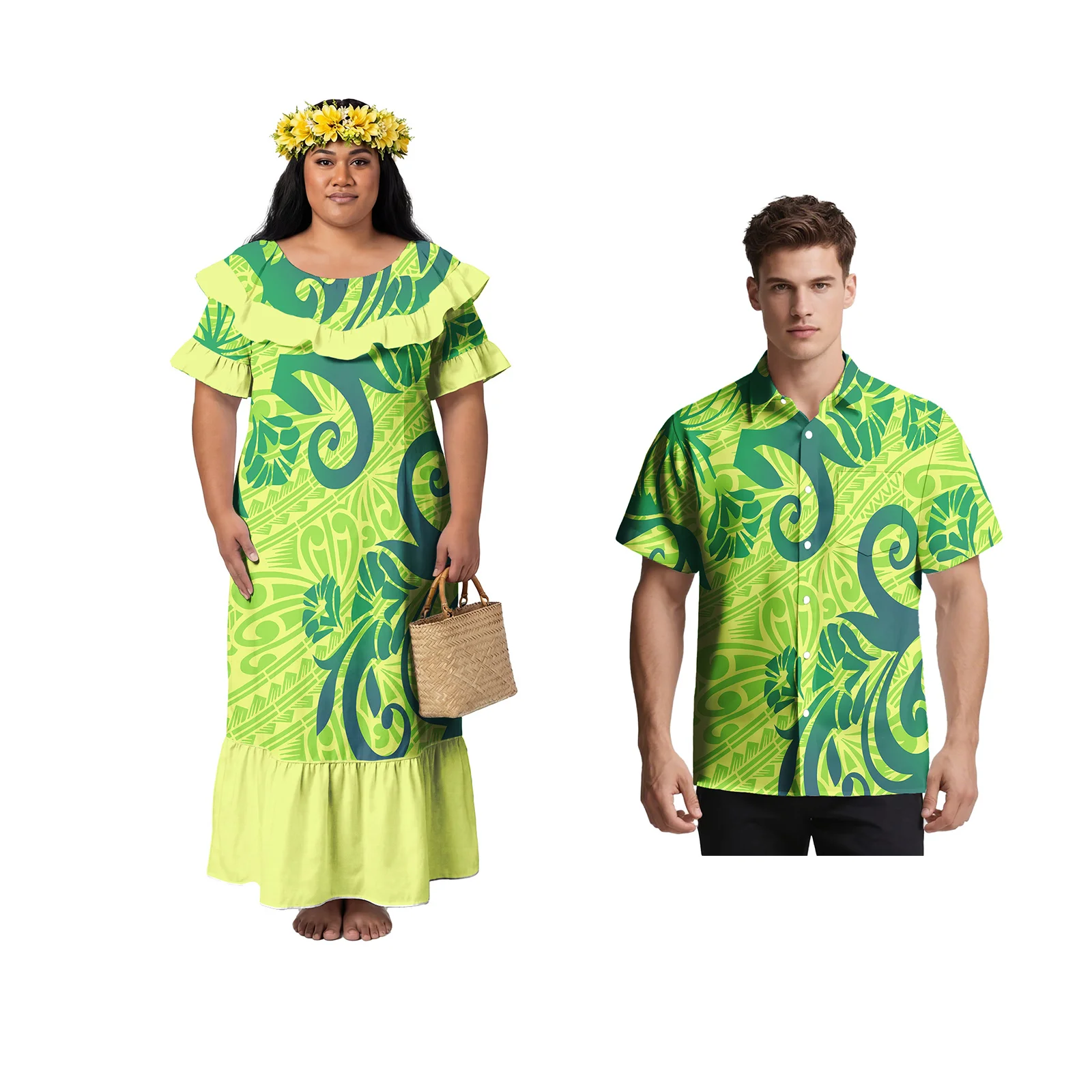 

Beach Couple of Set Latest Design Polynesian Elegant Women Mermaid Dress Samoan Pocket Men Shirts Hawaiian Hibiscus Couple Suit