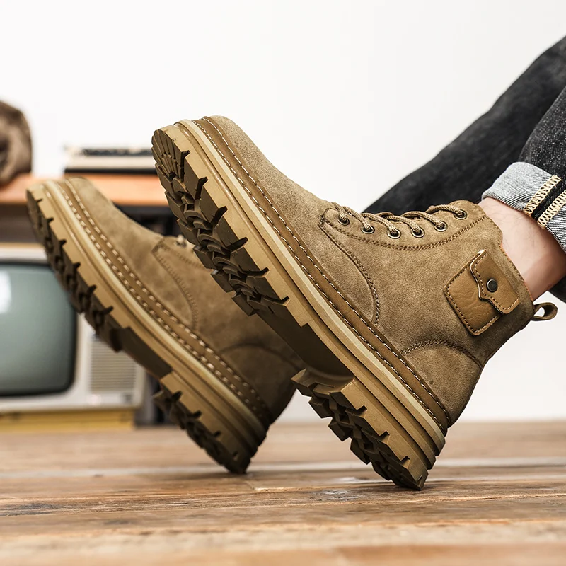 

Men's High-top Boots with Flat Adjustable Laces High-quality Large Size Round Toe New Soft Fashionable Solid Color Work Boots