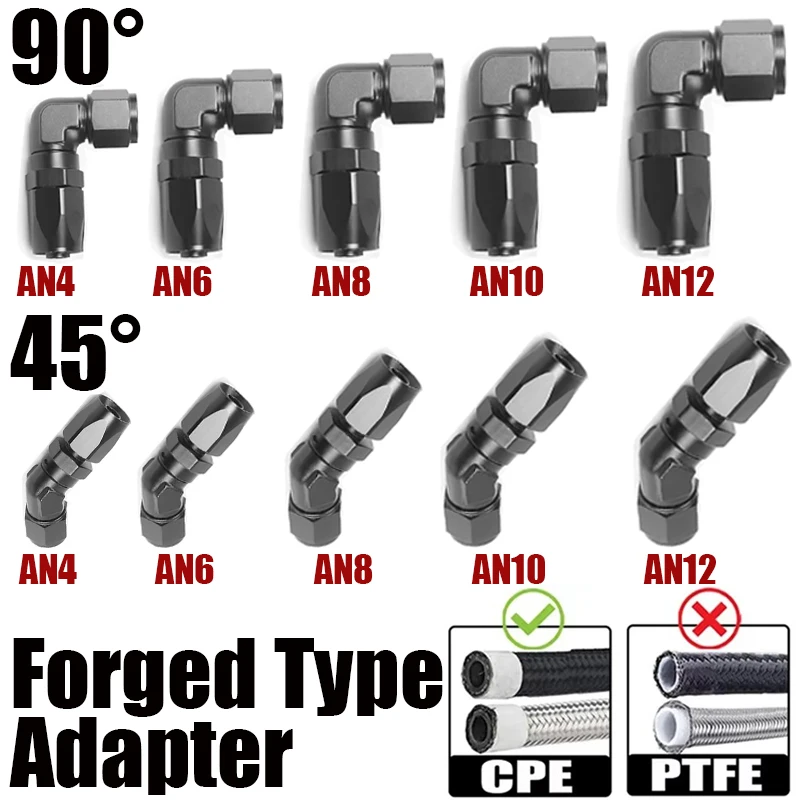 45 90 Degree 4AN 6AN 8AN 10AN 12AN Forged Type Swivel Hose End Fitting Adapter Aluminum Connector CPE Oil Cooler Fuel Line Black