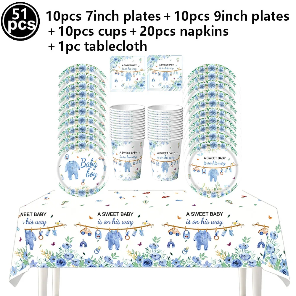 Jungen-Babyparty Einweg-Geschirr Blaue Pappteller Becher Servietten Tischdecke Blaue 'Es ist ein Junge'-Dekoration Süße Babyparty-Dekorationen – Detail 2