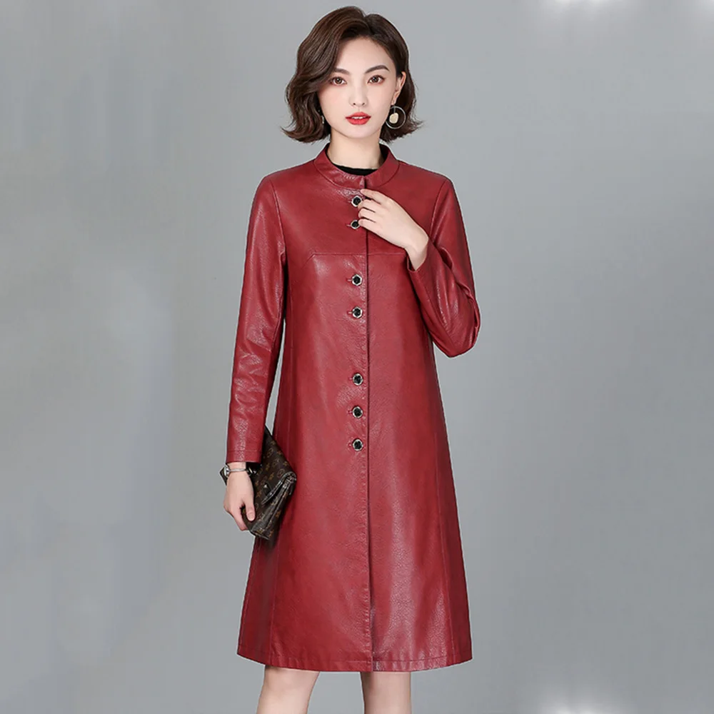 New Women Casual Leather Coat Spring Autumn Fashion O-Neck Single Breasted Sheepskin Coat Loose Long Outerwear Split Leather