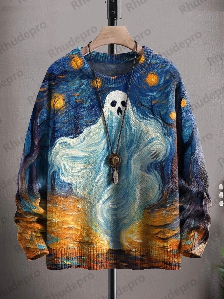 Men's Ghost Halloween Retro Art Pattern 3D Printed Knitted Pullover Sweater Winter Unisex Casual Knitwear