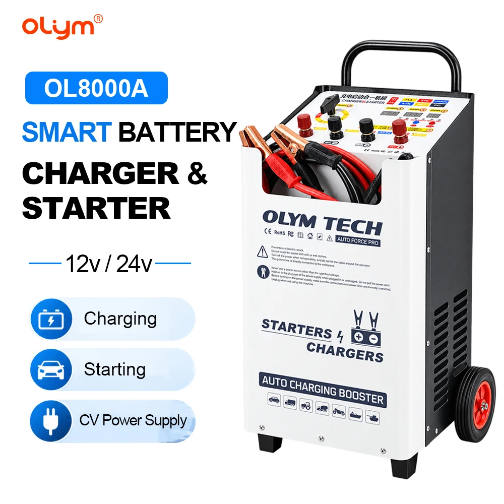 8000A Heavy Duty Battery Charger 12V 24V Car Charger Booster Engine Starter Wheeled for Trucks Tractors Vehicle Boats and Marine