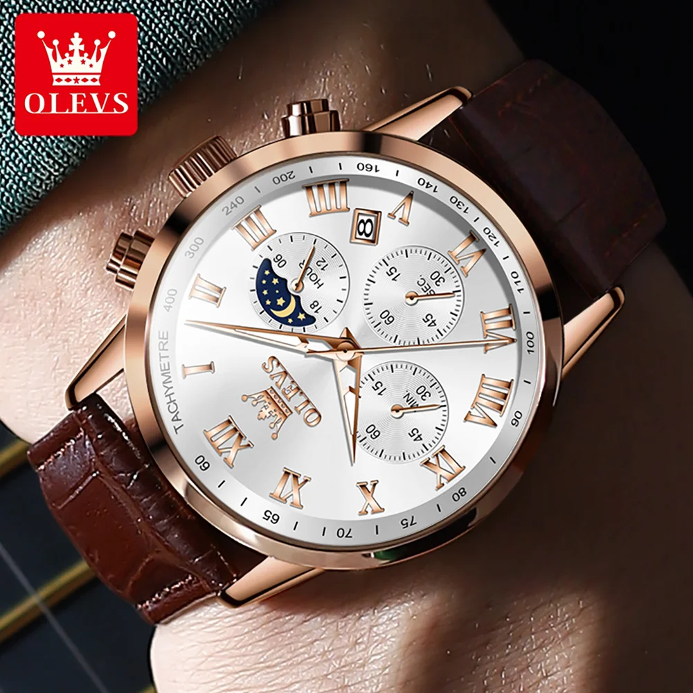 Imagem -05 - Olevs-relógio Quartz Masculino Cronógrafo Relógio de Data Moonsver Grande Dial Cavalheiro Impermeável Fase da Lua Man Wristver 41 mm Novo