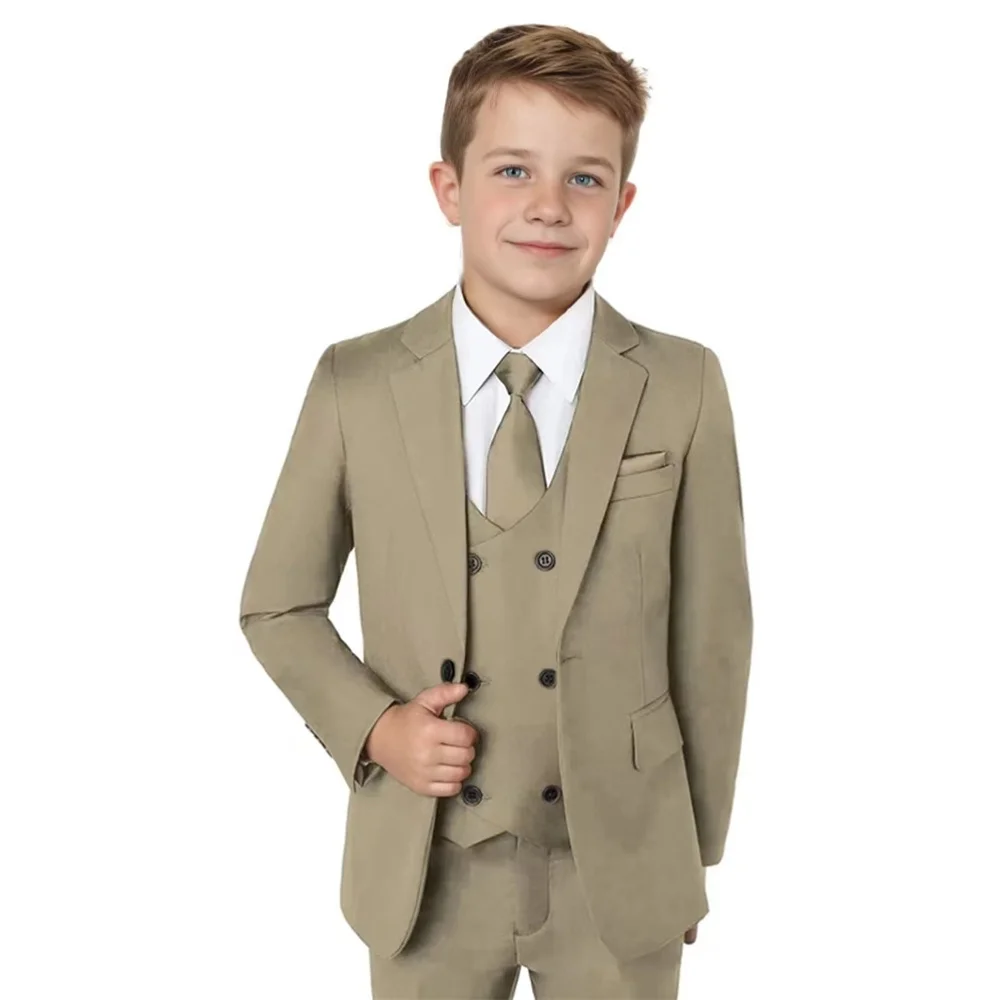 Jongens gekerfde reverspakken 3-delige trouwringdrageroutfit, klassieke elegante kinderpakset prestatieoutfit plus maat