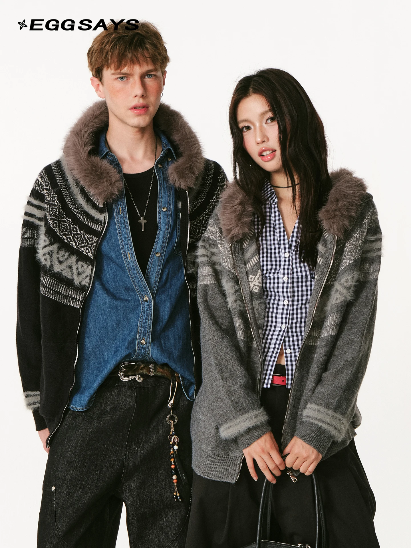 American Retro Fur Collar Cardigan Autumn Winter Warm Loose Hooded Knitted Jacket Unisex Couple Style