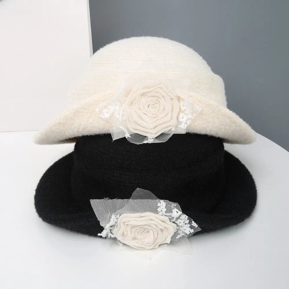 

Fashion Floral Hepburn Style Topper Hat Lace Woolen Black Knitted Hat French Style Flat-top Women Fisherman Hat Wedding