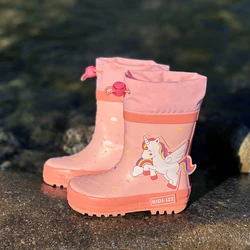 Kids' Outdoor Cute Cartoon Pink Unicorn Rubber Rain Boots with Drawstring Closure - Boys' & Girls' Waterproof Anti-slip Water