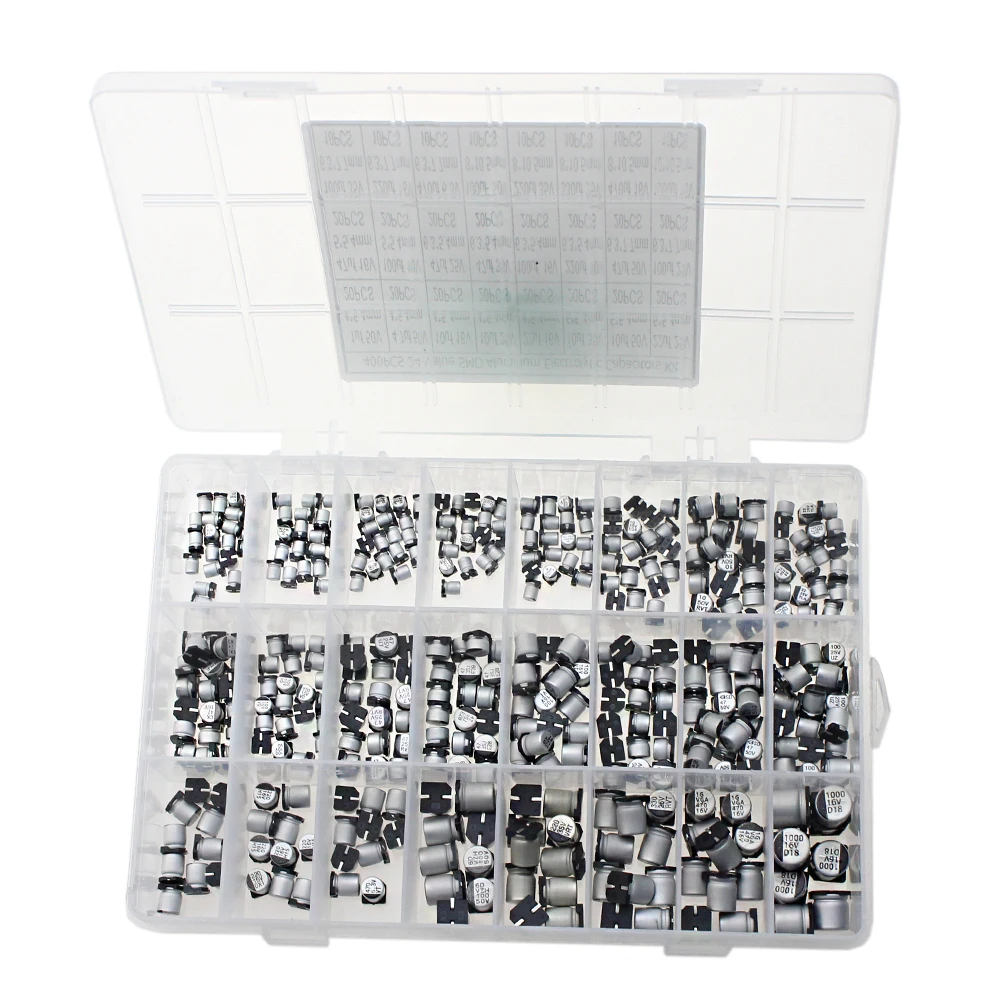 400PCS Capacitor Kit Aluminum Electrolytic SMD Condensadores Electrolíticos 1uF~1000uF 6.3V-50V 24Value with Box Kit De Reparac