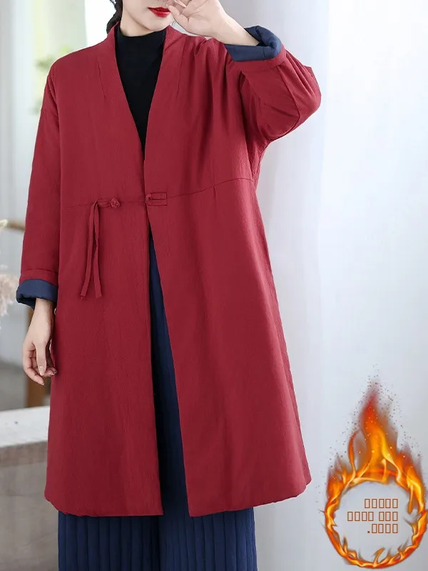 

Ele V-Ne Midi Cotton Jaet Loose Fit Chinese Sle Women's Clothing Vintage Aosphere Commute Thiened Long Sve