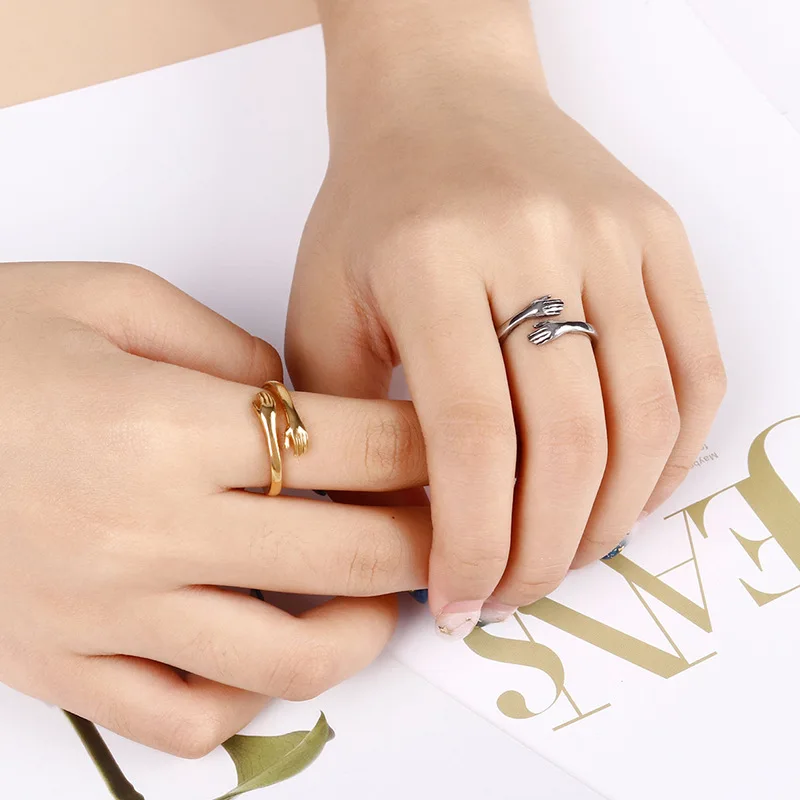 Romantic Stainless Steel  Couple Rings with Hands Embracing for Women New