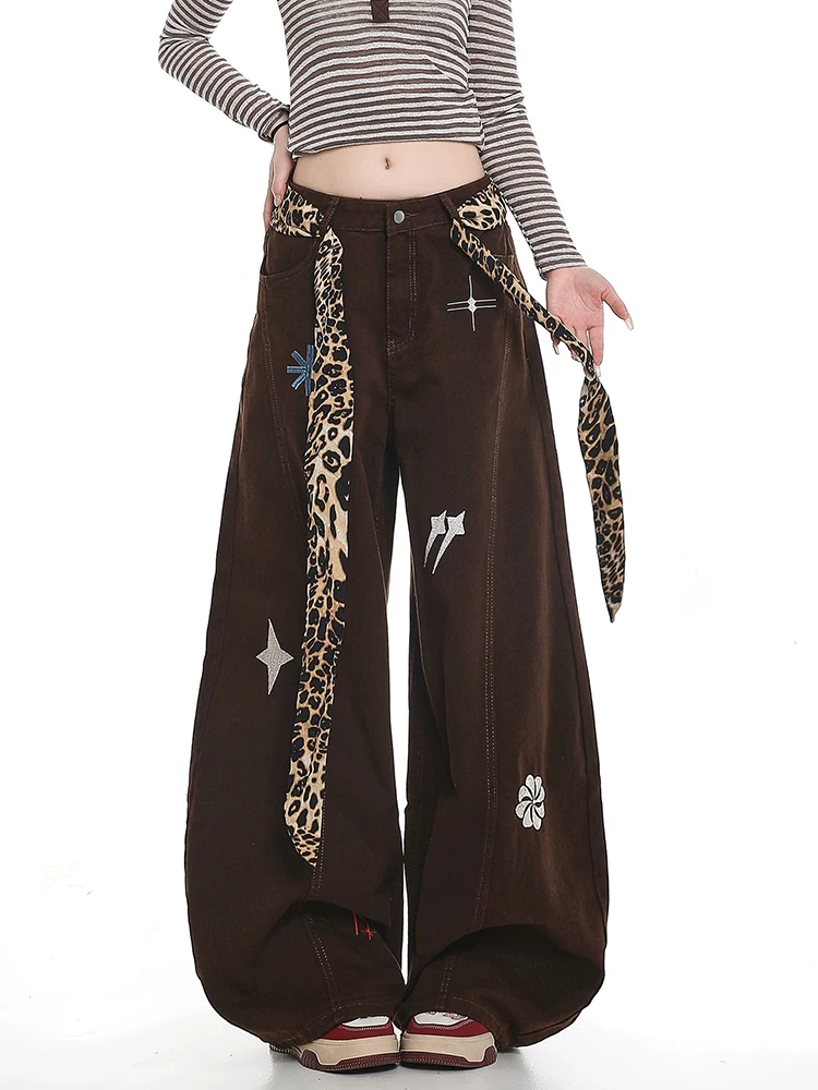 

Винтажные джинсы с вышивкой, женские леопардовые пояса, уличная одежда, свободные повседневные джинсовые брюки с высокой талией, ретро брюки в стиле Харадзюку, новинка