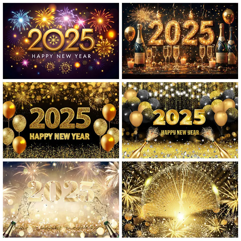 2025 Happy New Year Backdrops For Photography Glitter Beer Champagne Clock Firework Balloons Black Gold Background Photo Studio