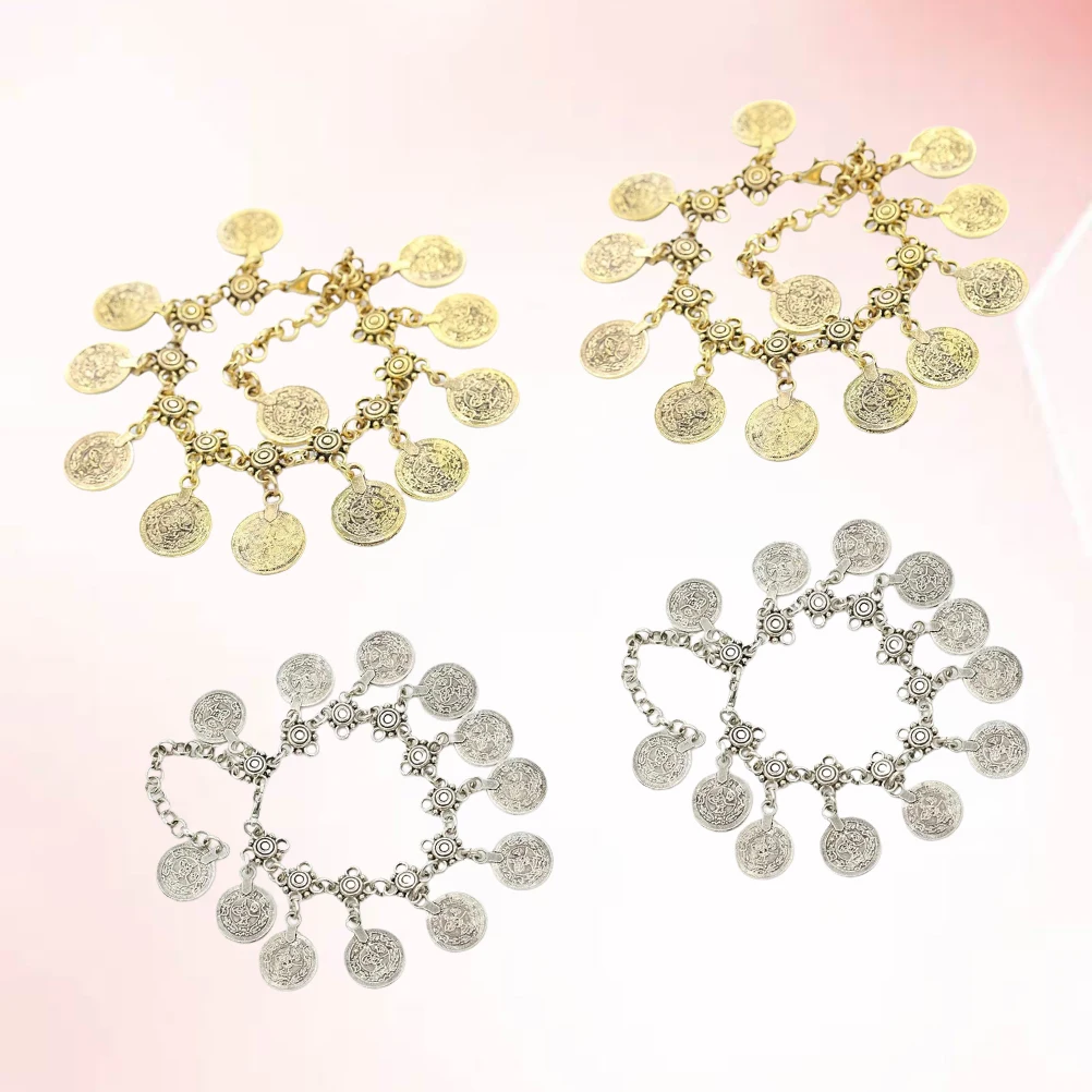 Tobillera con borla de moneda de Metal Retro, pulsera de cadena de pie a la moda Vintage, joyería para mujeres y niñas, accesorio diario para fiesta y boda, 4 Uds.
