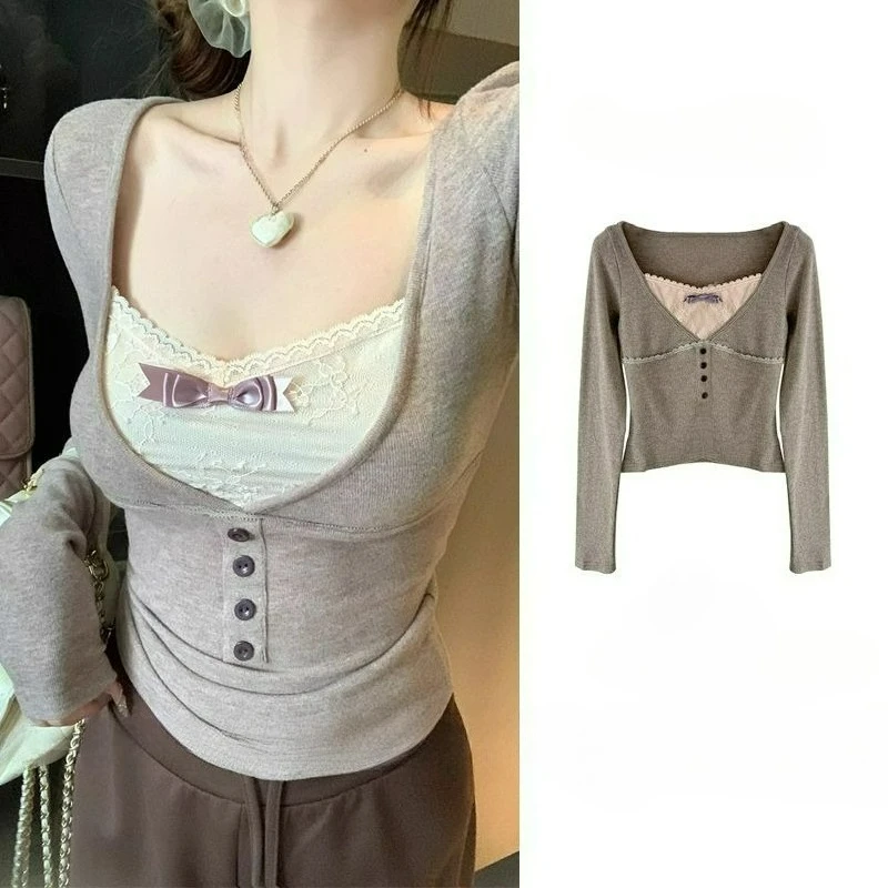 

Lace-Patchwork Ruffled Long Sleeve T-Shirt for Women 2026 Spring/Autumn New Fashion Slimming High-Waisted Base Layer Top