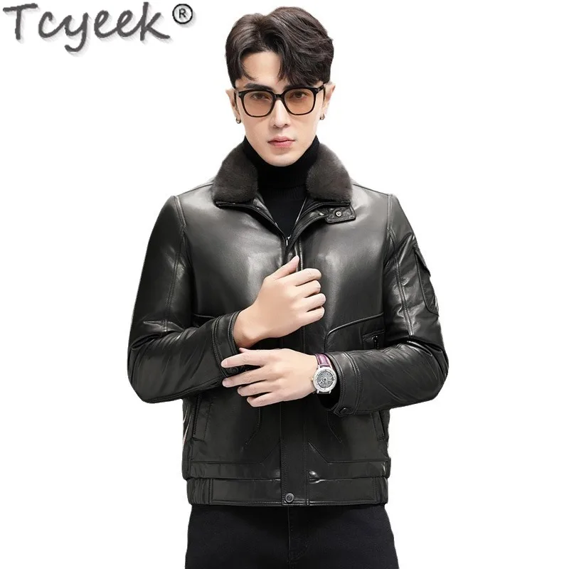 Tcyeek, abrigo de piel de cabra de cuero genuino Natural, chaqueta de invierno para hombre, abrigos cálidos de piel auténtica, abrigo de piel de visón, ropa para hombre ajustada 2024