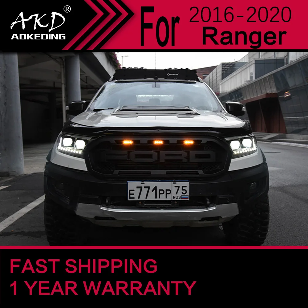 AKD 2PCS Car Lights for Ford Ranger LED Headlight 2016-2020 Ranger Head Lamp Drl Projector Lens Automotive Accessories