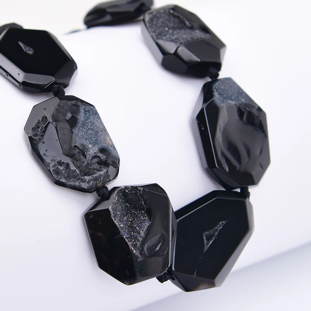 APDGG 22x34mm Natural Black Agate With Quartz Cutting Slice Pendant Loose Beads 16'' Jewelry DIY view 5