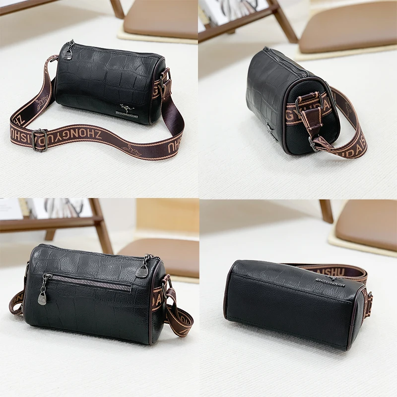 New minimalist and versatile cylindrical bag genuine cowhide wide shoulder strap fashionable single shoulder diagonal cross bag