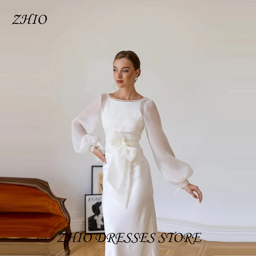 

ZHIO Elegant Puff Sleeves Shrugging Satin Long Sleeves Bridal Dress Vintage Bridal Dress Floor Length Special Wedding Customized