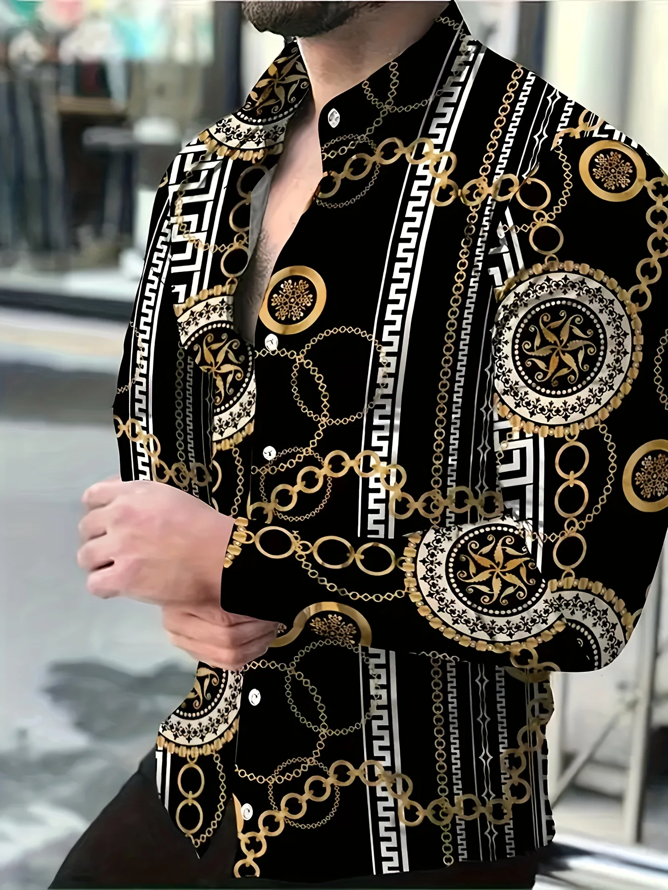 

Осенняя мужская рубашка с длинными рукавами, рубашка с 3D принтом и лацканами, мужская повседневная золотая рубашка с принтом в стиле ретро, элегантное пальто на пуговицах для поездок на работу