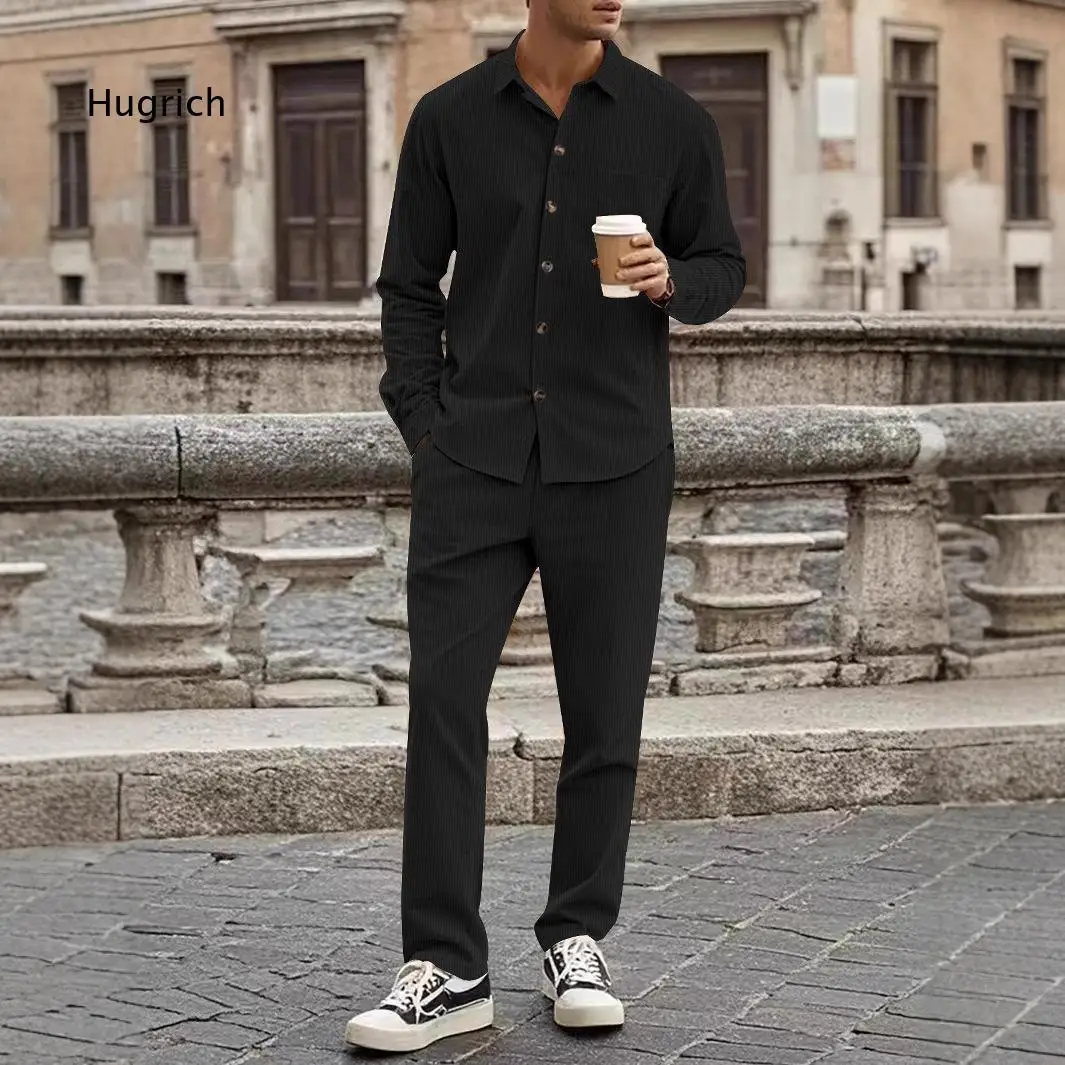 Casual Co Ord Set For Men Lapel Long Sleeve Front Button Shirt And Solid Straight Leg Trousers For Outdoor And Daily Activities