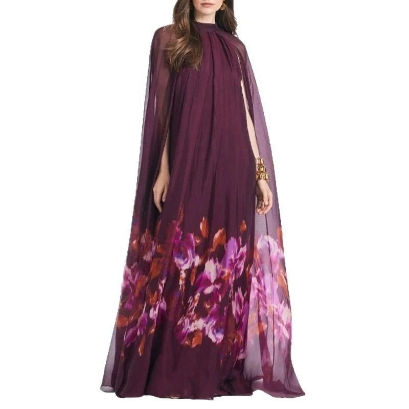 Sheer Chiffon Shawl Collar Maxi Dress Floral Print Loose Fit Flowy Silhouette Elegant Evening Party Wear Trendy